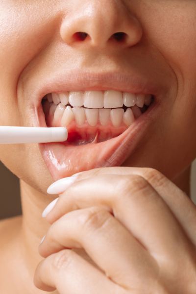 femme qui montre ses dents, avec parodontite lente et légère